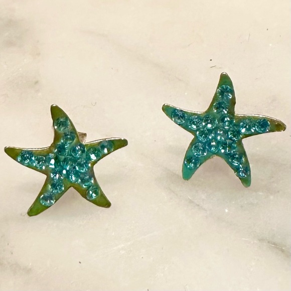 Sterling Silver Turquoise Rhinestone Starfish Stud Earrings Crystals Sparkle - Picture 6 of 6